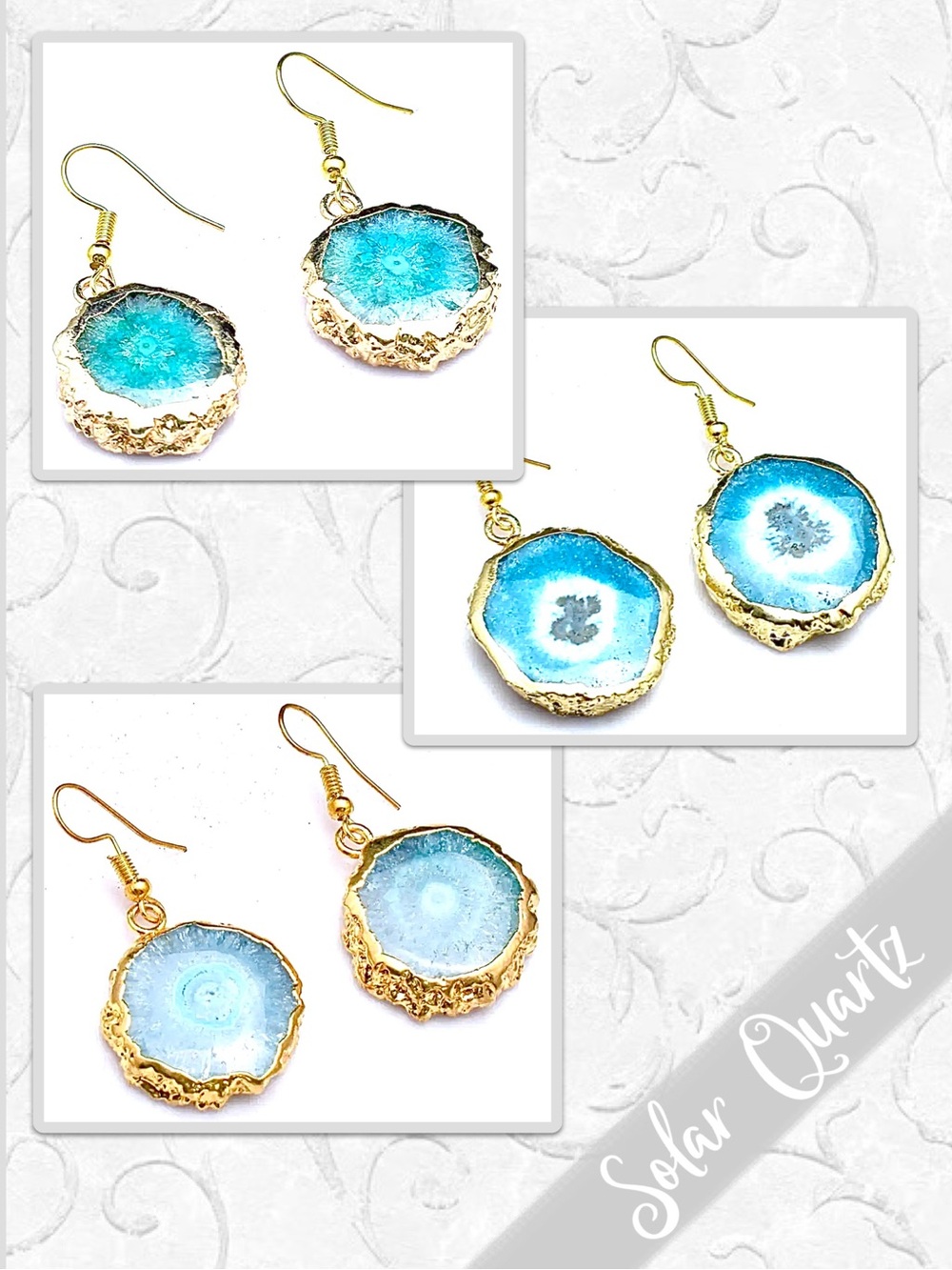 Solar Quartz Druzy Eclectic Gold Drop Dangle Artisan Earrings (Aqua, Turquoise)
